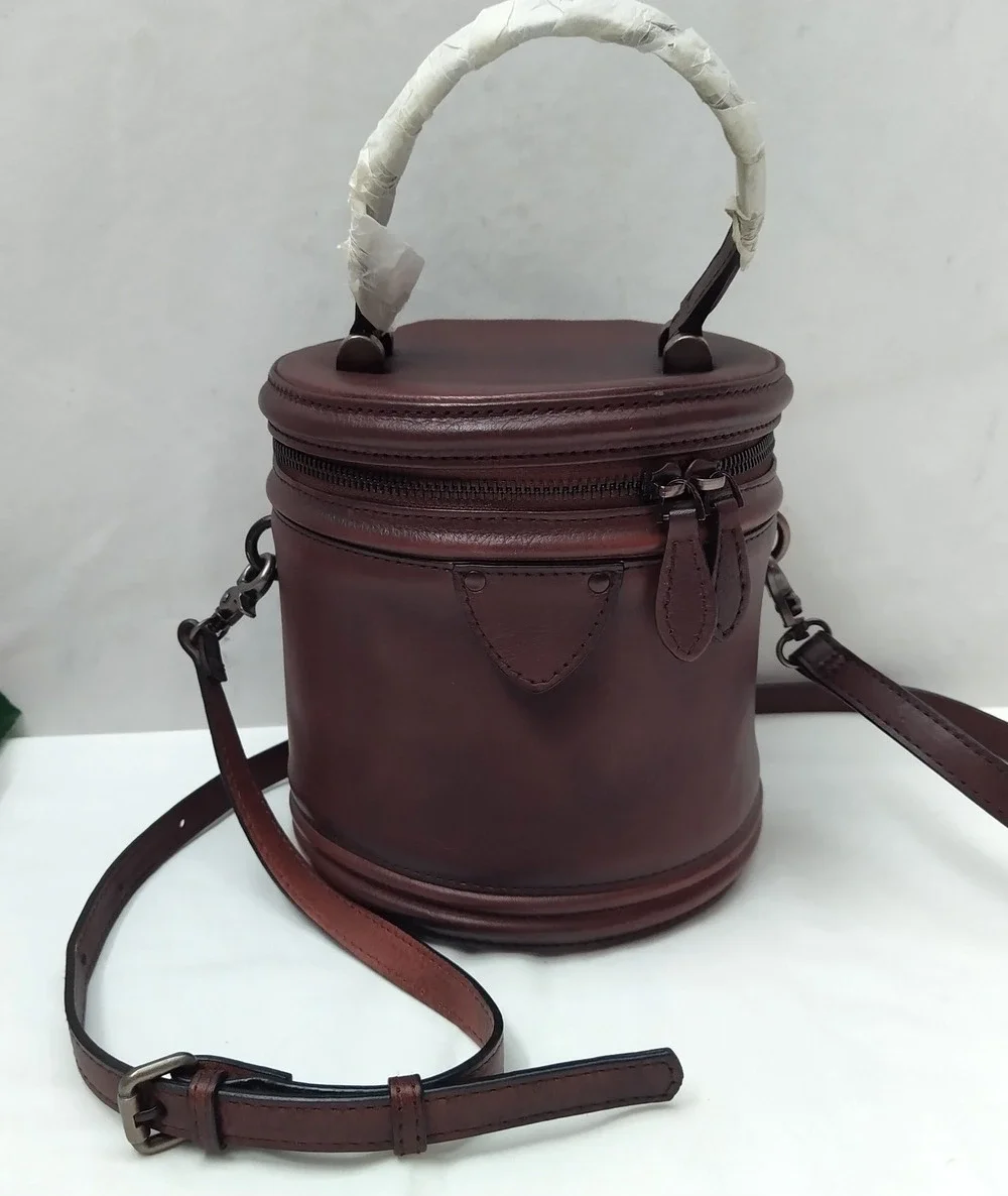 Leteulo Brown Leather Bucket Zip Around Crossbody Bag - New Without Tag